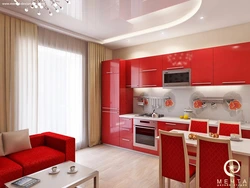 Kitchen design with red sofa