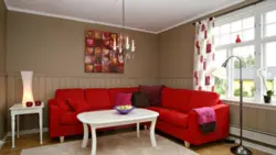 Kitchen design with red sofa