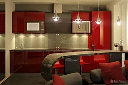 Kitchen design with red sofa