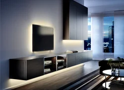 Living room with hanging TV stand photo