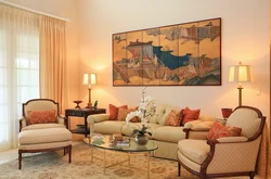 Living room with peach wallpaper photo