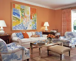 Living room with peach wallpaper photo