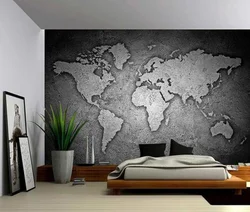 World map in bedroom interior photo