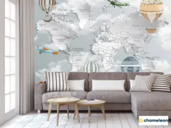 World map in bedroom interior photo