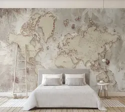 World map in bedroom interior photo