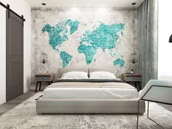 World map in bedroom interior photo