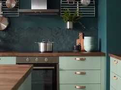 Green IKEA kitchen in the interior photo