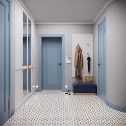 Hallway interior with blue wallpaper