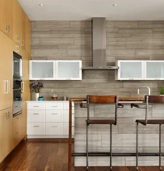 Wood-Effect Tiles On The Wall In The Kitchen In The Interior