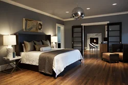 Combination of gray and brown in the bedroom interior photo in the interior