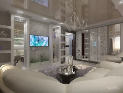 Қабырғадағы айнасы бар қонақ бөлмесінің интерьері фото