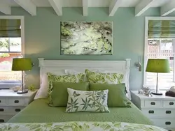 What color goes with light green in the bedroom interior