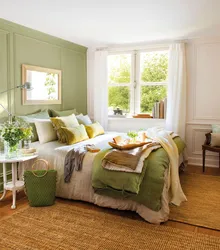 What color goes with light green in the bedroom interior