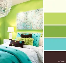 What color goes with light green in the bedroom interior