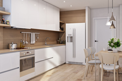 White kitchen beige refrigerator design