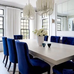 Kitchen and living room design with blue chairs