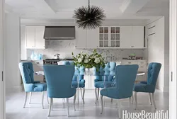 Kitchen and living room design with blue chairs