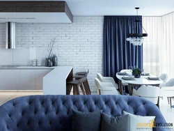 Kitchen and living room design with blue chairs