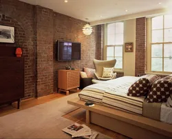 Bedroom design with wood and brick