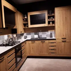 Dark kitchen with wood photo