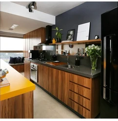 Dark kitchen with wood photo