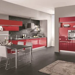 Gray wallpaper and red kitchen interior