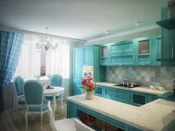 Kitchen design with mint curtains