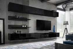 Black wall in the living room interior photo