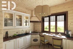 Interior with gray kitchen in a wooden house