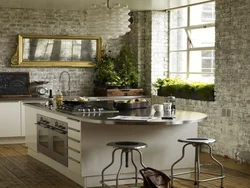 The entire kitchen is covered in stone wallpaper photo