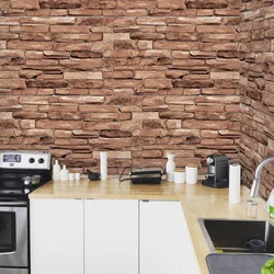 The entire kitchen is covered in stone wallpaper photo