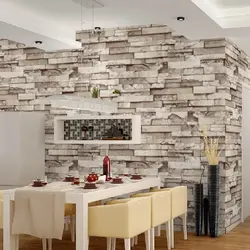 The entire kitchen is covered in stone wallpaper photo