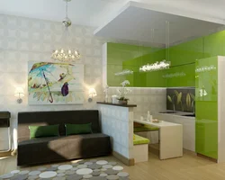 Green kitchen living room design photo