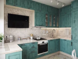 Emerald kitchen with wood photo