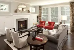 Living room design with sofa and fireplace