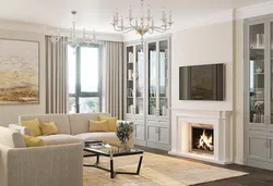 Living room design with one window and fireplace