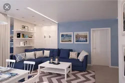 Living room kitchen design in blue tones