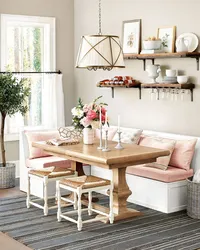 Shelves above the table in the kitchen interior photo