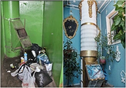 Stalin uslubidagi fotosuratda oshxonada axlatni tozalash